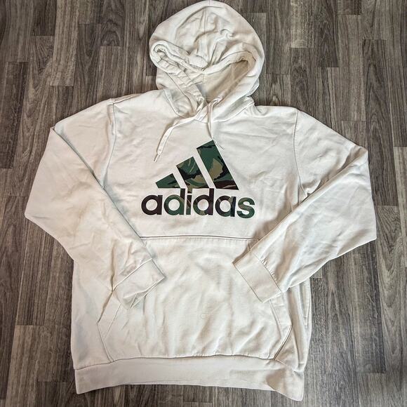 Adidas Hoodie Large Camo Logo Pullover Beige Sweatshirt Men’s L Casual Athletic - Picture 1 of 7